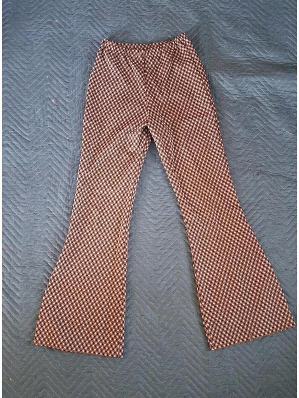 70s Vintage Flared Pants, Brown And White Polyester Hippy Disco Trousers Sz M